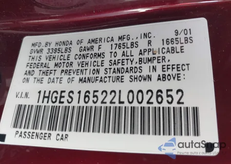 2002 Honda Civic Lx из США, поврежденный, VIN 1HGES16522L002652